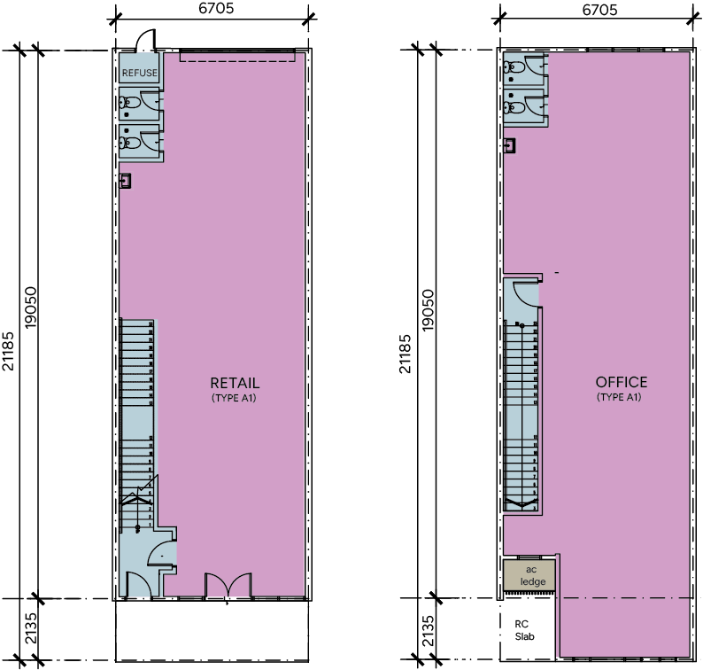 Dimensioned floor plan for Type A1 Premium Intermediate shop lot, retail and office levels
