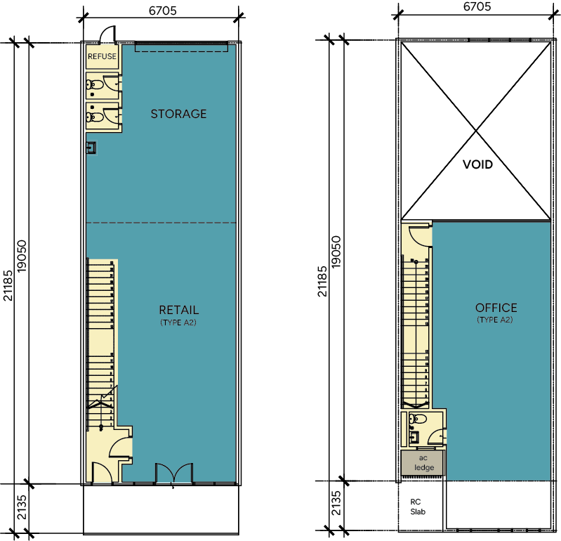 Dimensioned floor plan for Type A2 Hybrid Intermediate shop lot, retail and office levels with void