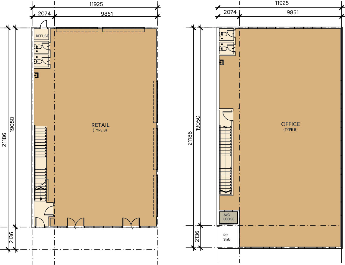 Dimensioned floor plan for Type B Premium Corner shop lot, retail and office levels