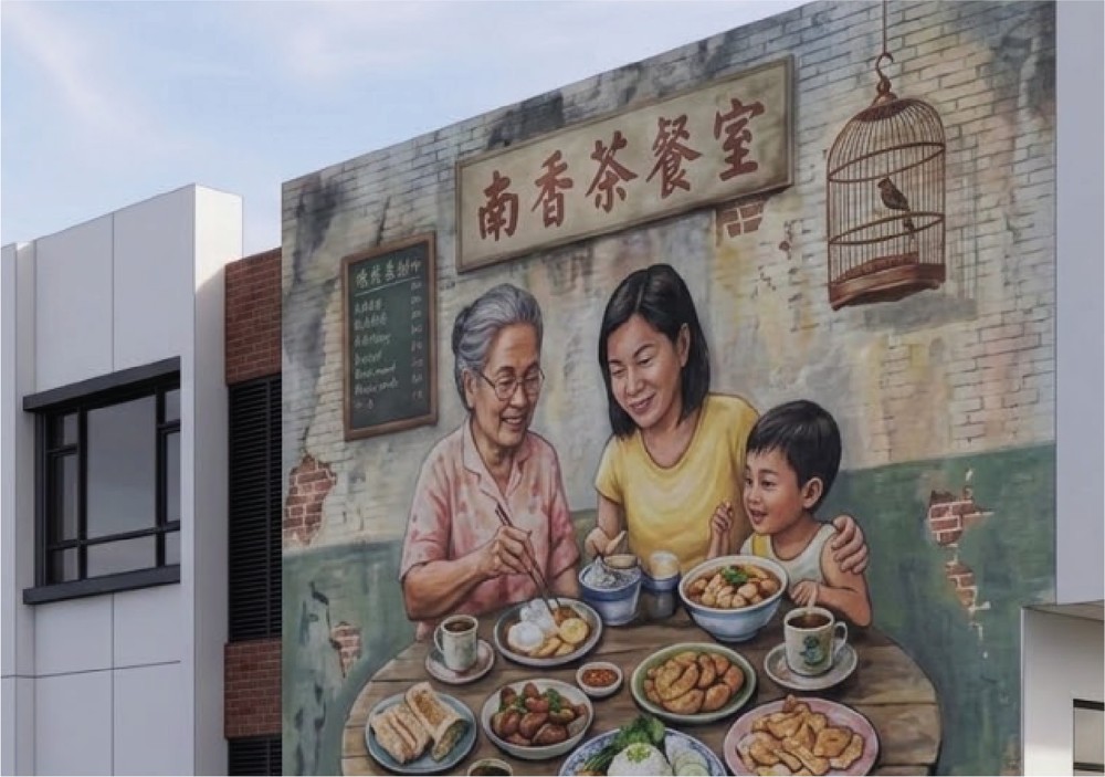 Mural art installation depicting a heritage coffee shop scene