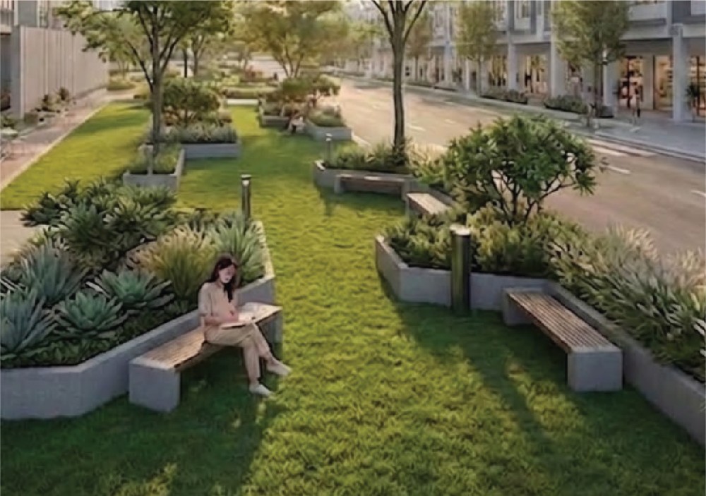 Landscaped Green Spine linear park with seating along the retail street