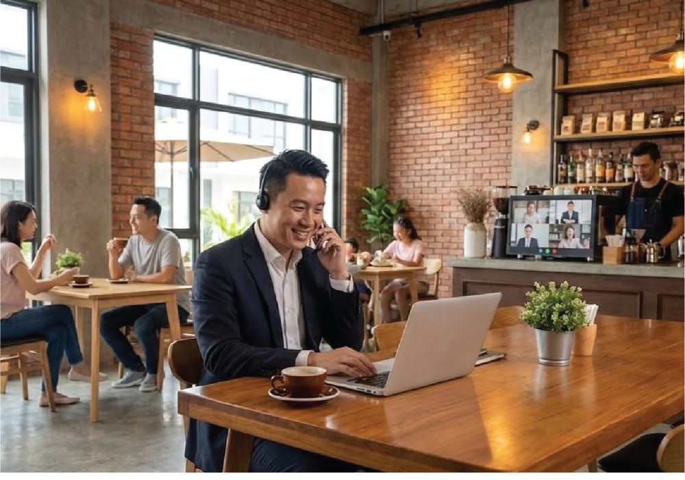 Tech professional working from a sunlit co-working cafe at Ionera