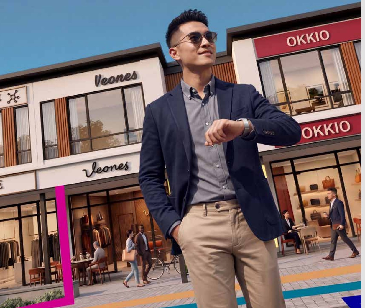 A professional walking through Ionera's retail street lined with boutique shops