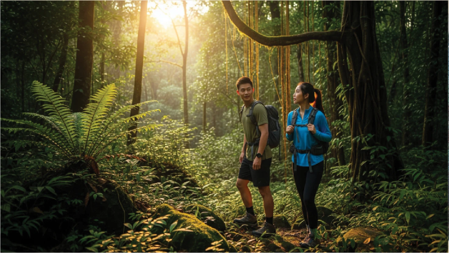 Couple hiking in a lush rainforest near Tanjong Malim