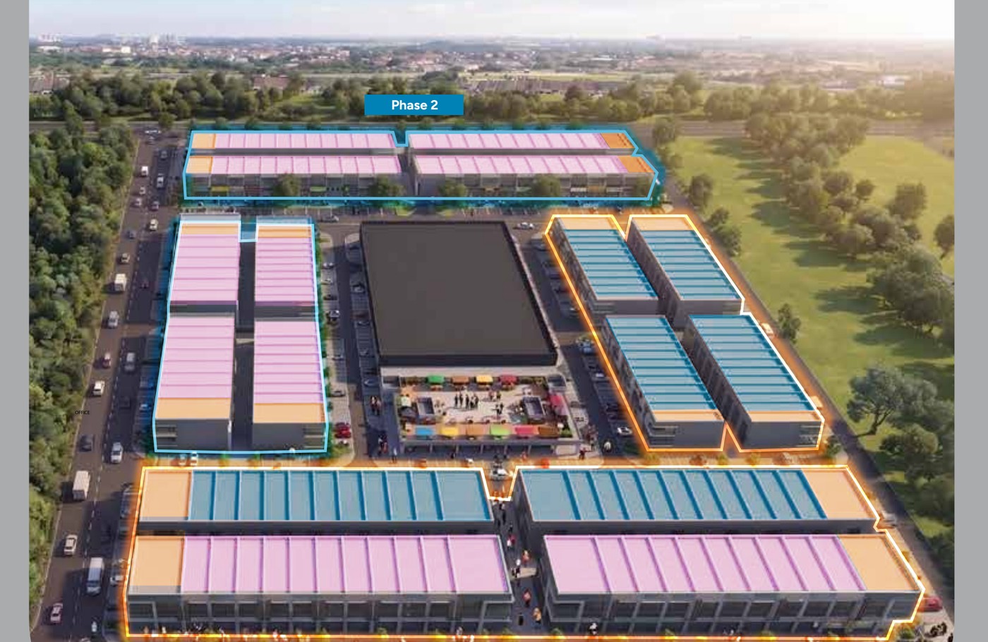 Aerial color-coded render of the Phase 2 commercial shop lot layout
