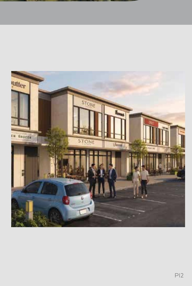 Street-level render of Ionera's double-storey shop lots with retail signage and parking