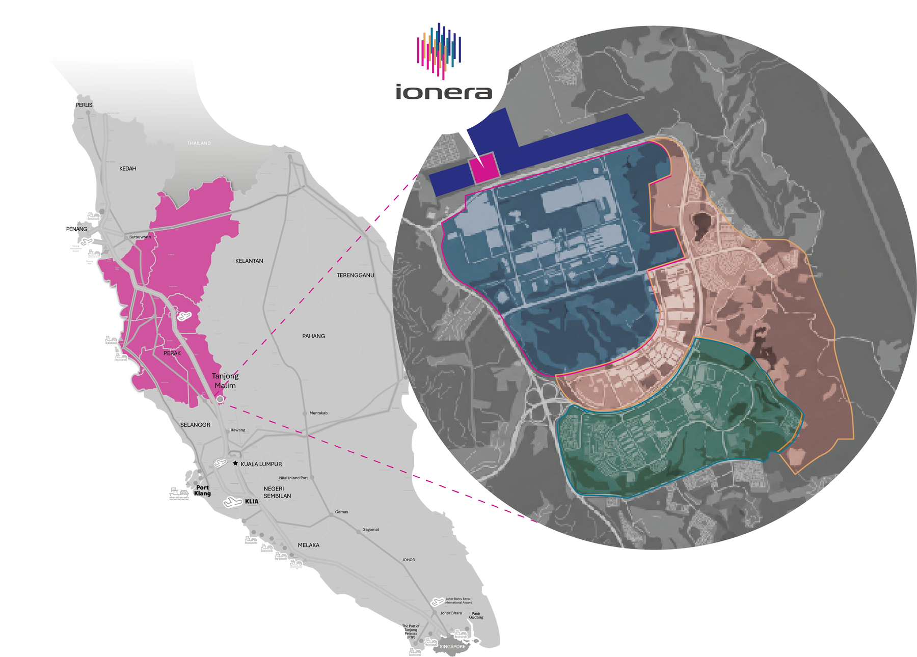 Map of Peninsular Malaysia highlighting Perak/Tanjong Malim region with a zoomed-in callout of Ionera's site boundary