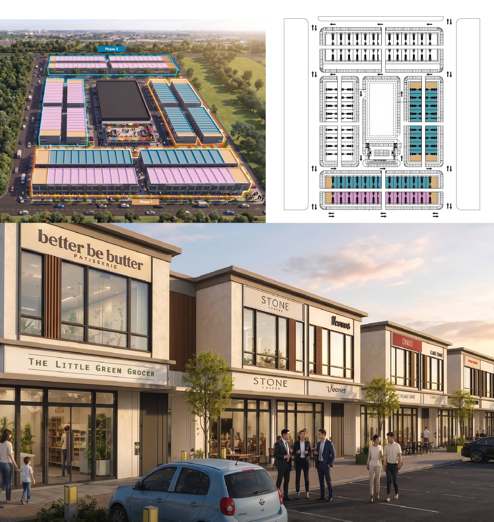 Aerial layout, site plan, and street-level render of Ionera's commercial shop lots