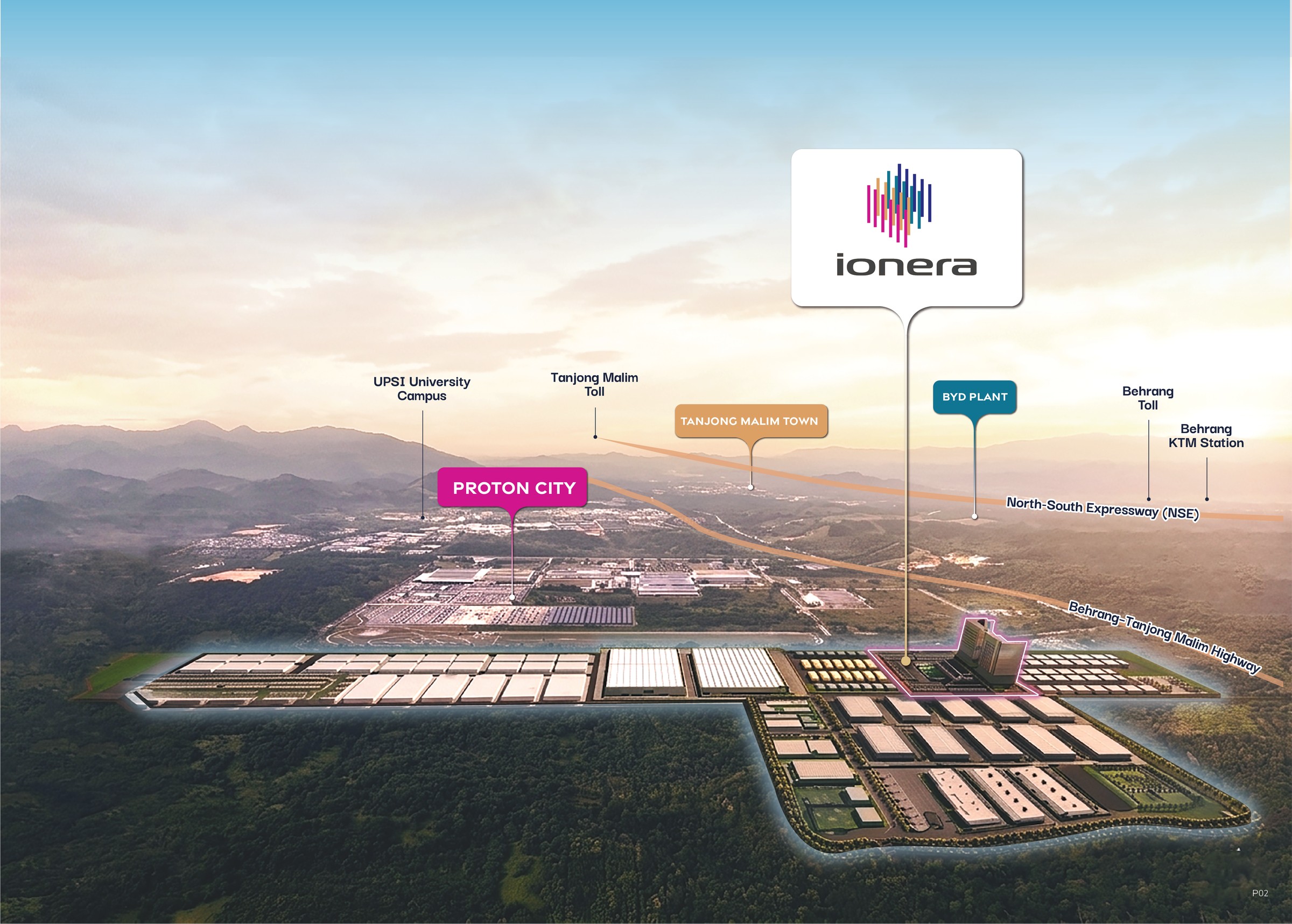 Aerial site plan of Ionera showing proximity to Proton City, BYD Plant, UPSI, and the North-South Expressway