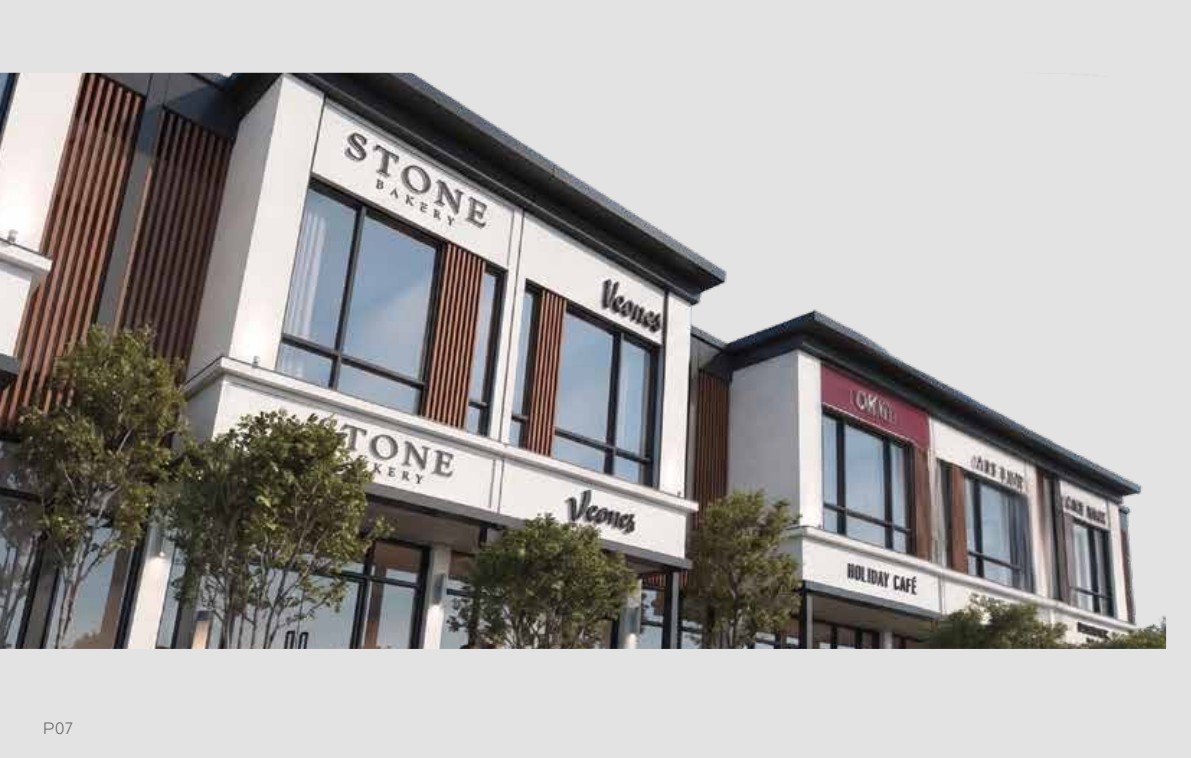 Street level render of Ionera's shop lots with outdoor seating